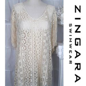 NWT Zingara Ivory Cream Crochet Swim Beach Cover-Up with Fringe Size (2) Small